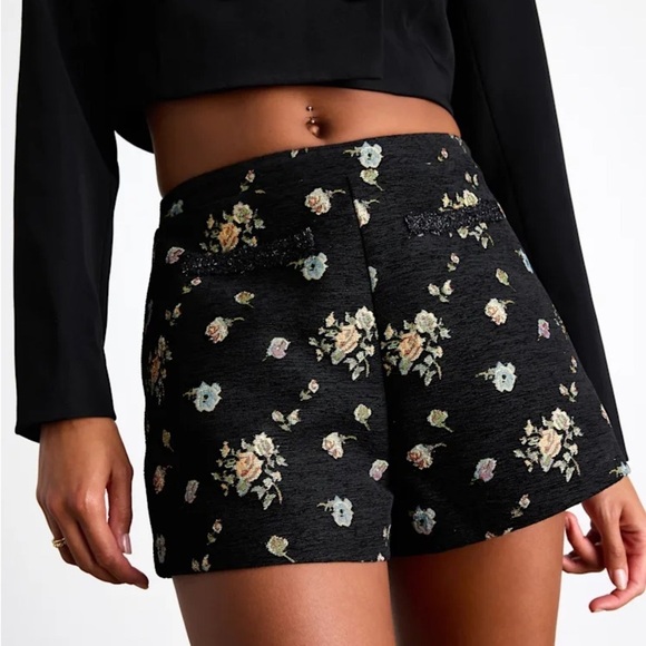 Lulus Pants - Black Floral Jacquard High-Rise Micro Shorts